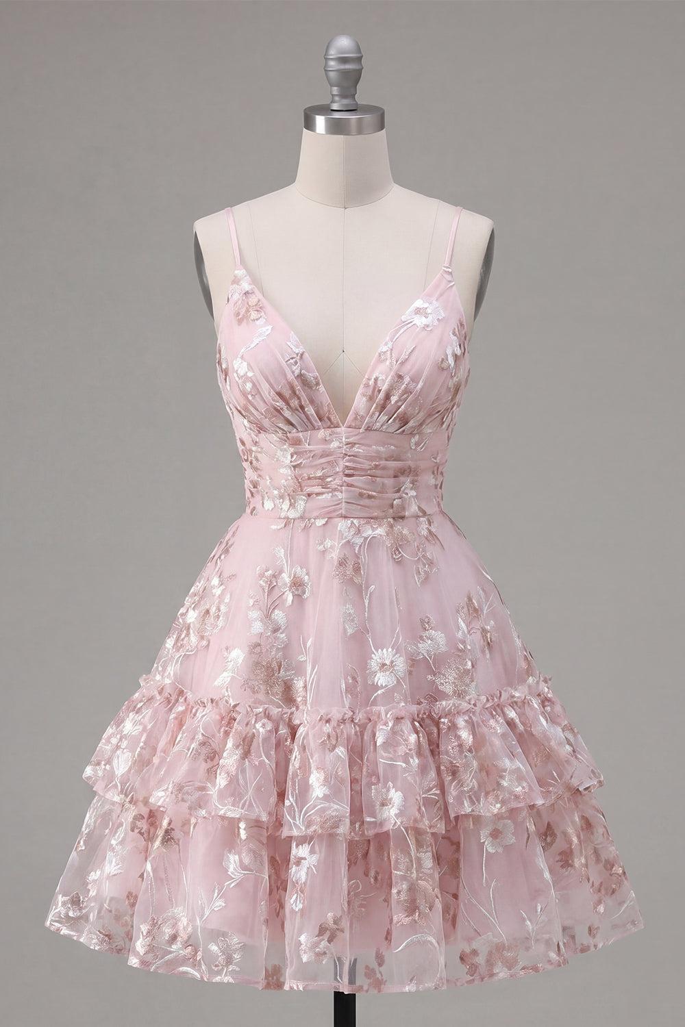 Pink Ruched A Line V-Neck Short Floral Tiered Ruffled Homecoming Dress