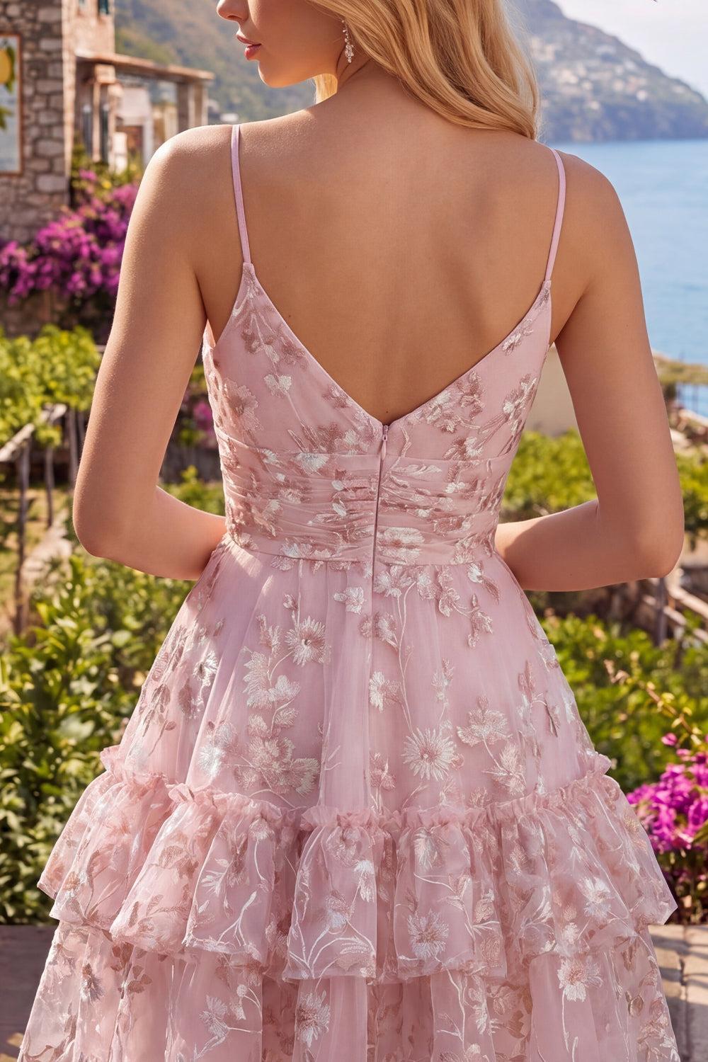 Pink Ruched A Line V-Neck Short Floral Tiered Ruffled Homecoming Dress