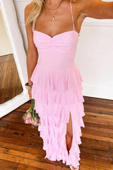 Pink Ruffle Tiered Spaghetti Straps Lace-Up Back Prom Dress With Slit Formal Evening Gown