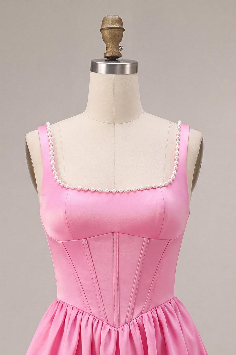 Pink Satin A-Line Corset Beaded Short Homecoming Dress