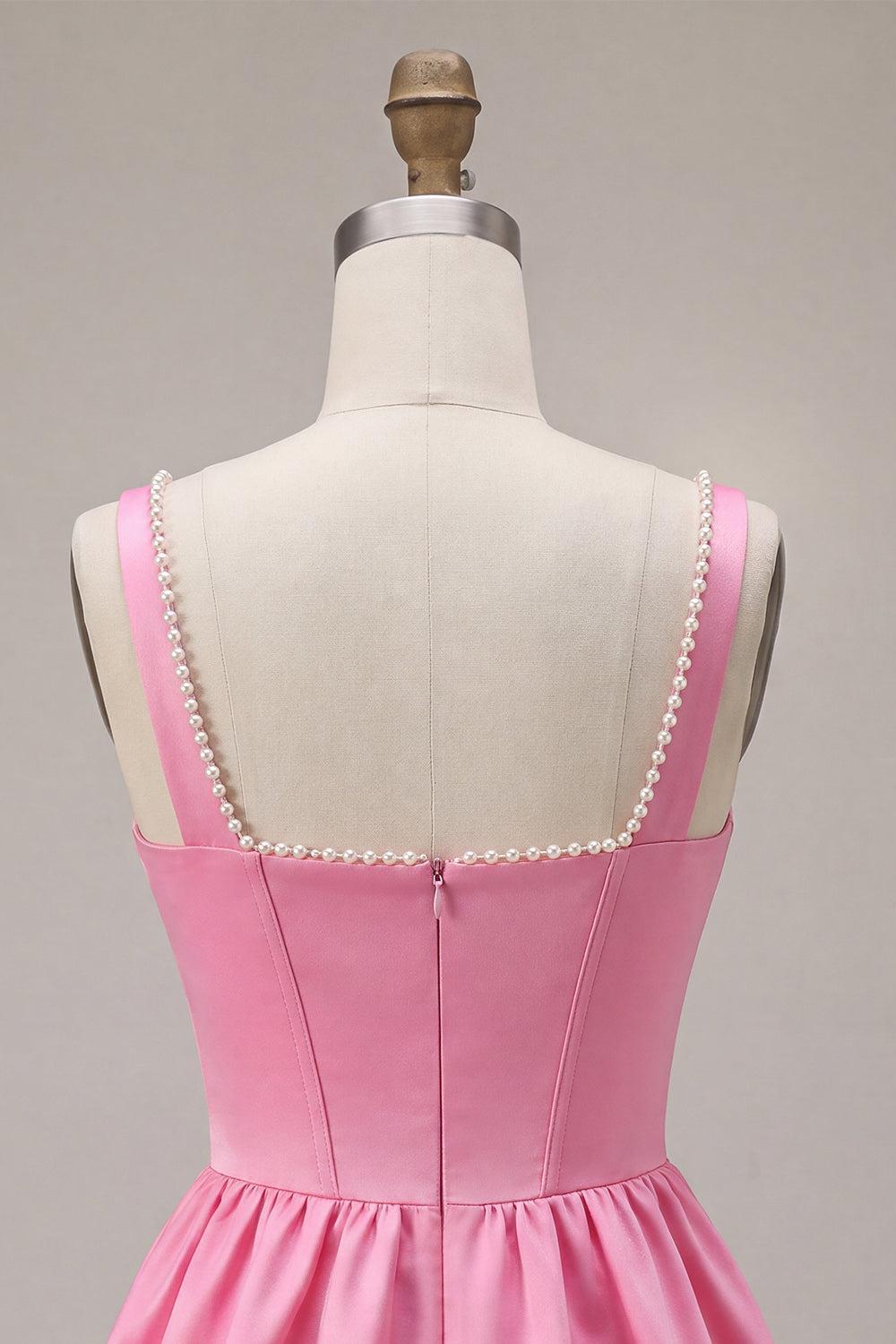 Pink Satin A-Line Corset Beaded Short Homecoming Dress