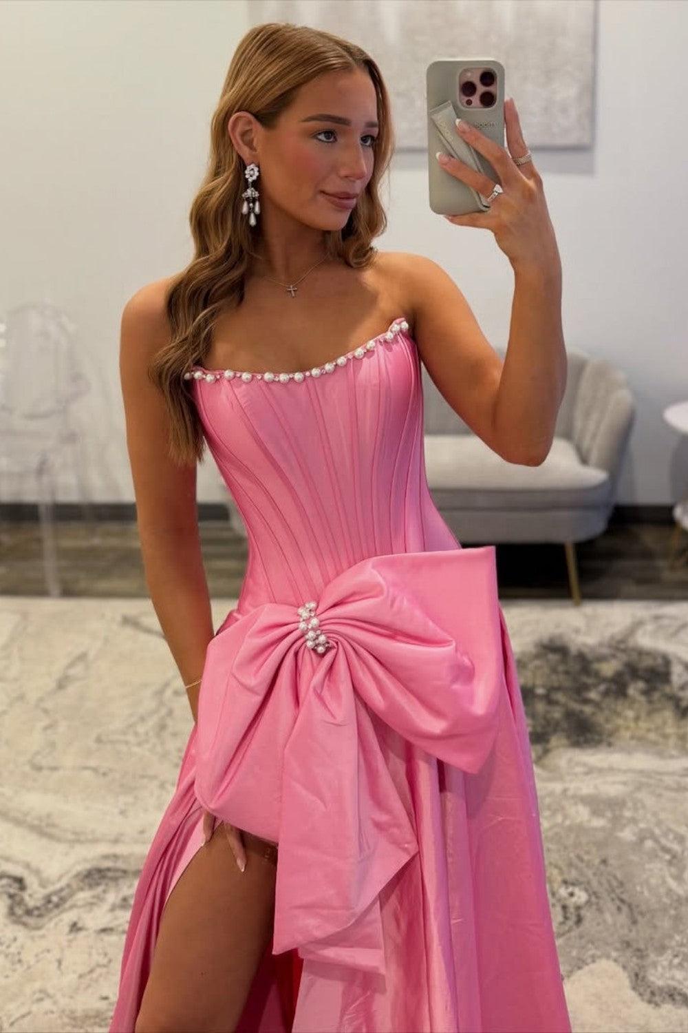 Pink Satin Corset Prom Dress With Neckline Pearl Trim & Oversized Bow Formal Evening Gown