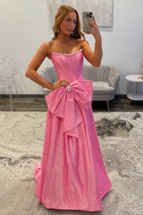 Pink Satin Corset Prom Dress With Neckline Pearl Trim & Oversized Bow Formal Evening Gown