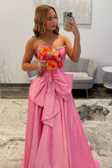 Pink Satin Corset Prom Dress With Neckline Pearl Trim & Oversized Bow Formal Evening Gown