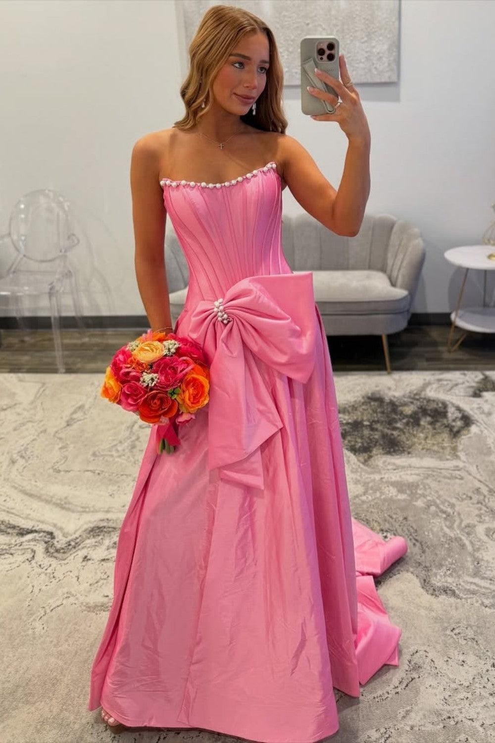 Pink Satin Corset Prom Dress With Neckline Pearl Trim & Oversized Bow Formal Evening Gown