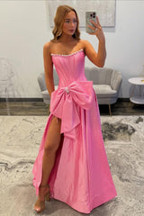 Pink Satin Corset Prom Dress With Neckline Pearl Trim & Oversized Bow Formal Evening Gown