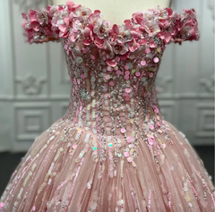 Pink Sequined Quinceanera Dress Ball Gown Sweet 16 Dress with Flowers