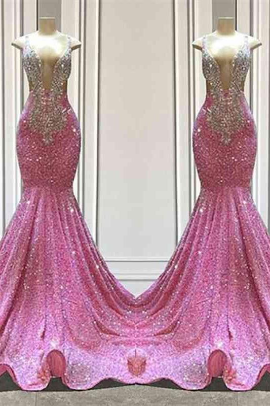 Pink Sequined Sleeveless Prom Dress Straps Long Beaded Mermaid Formal Dress