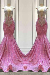 Pink Sequined Sleeveless Prom Dress Straps Long Beaded Mermaid Formal Dress
