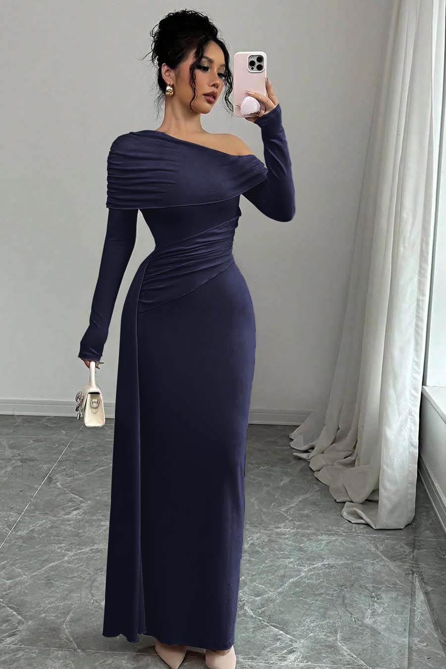 Pink Sheath/Column Prom Dress Long Sleeve Asymmetric Neck Satin Formal Dress