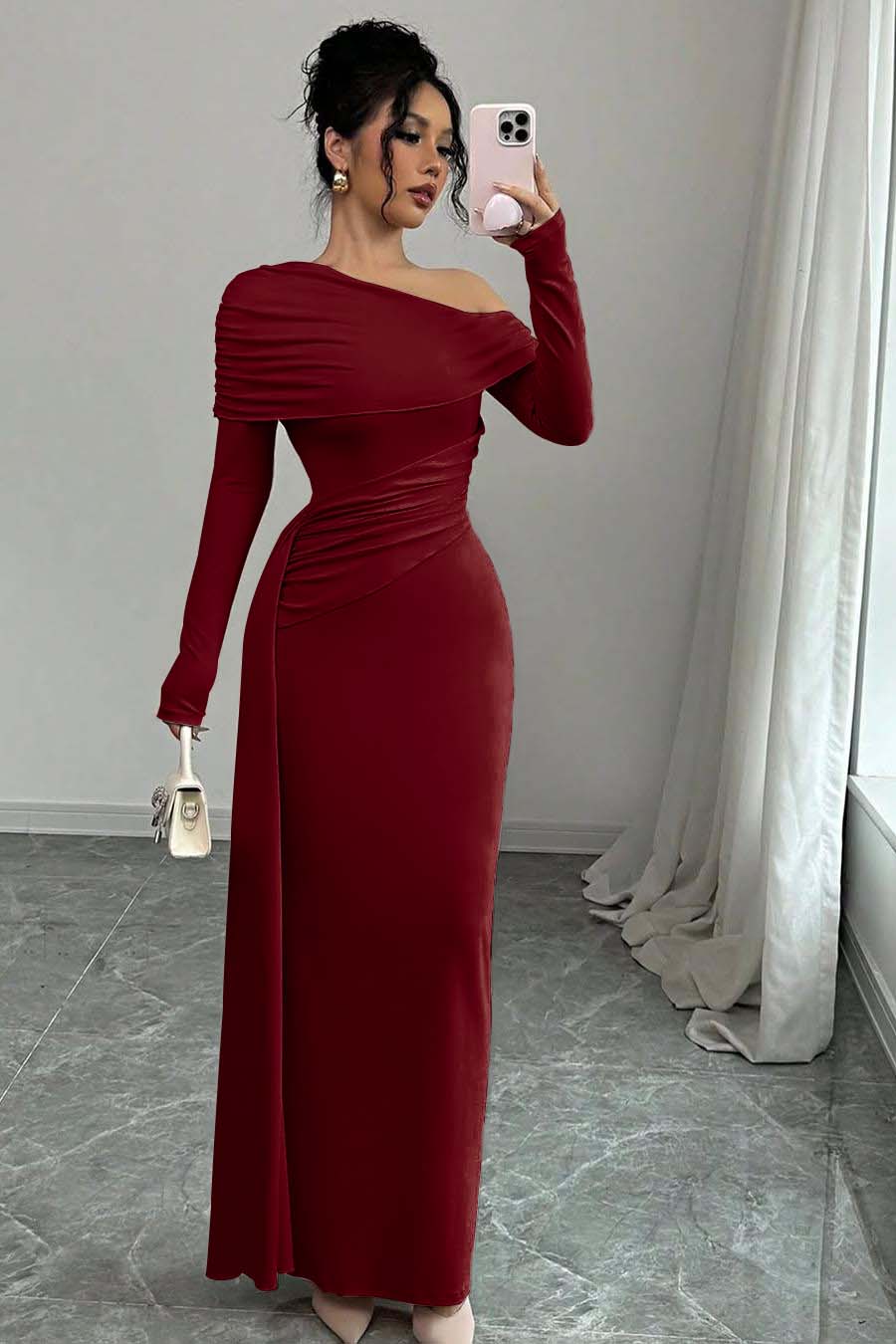Pink Sheath/Column Prom Dress Long Sleeve Asymmetric Neck Satin Formal Dress