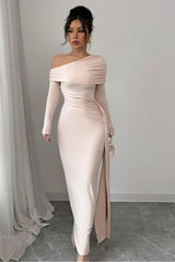 Pink Sheath/Column Prom Dress Long Sleeve Asymmetric Neck Satin Formal Dress
