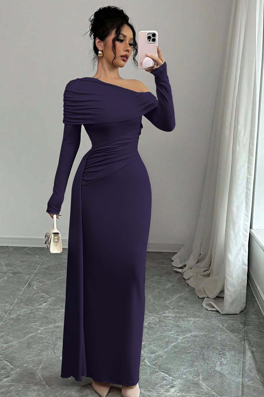 Pink Sheath/Column Prom Dress Long Sleeve Asymmetric Neck Satin Formal Dress