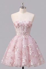 Pink Short Corset Floral Strapless A Line Homecoming Dress