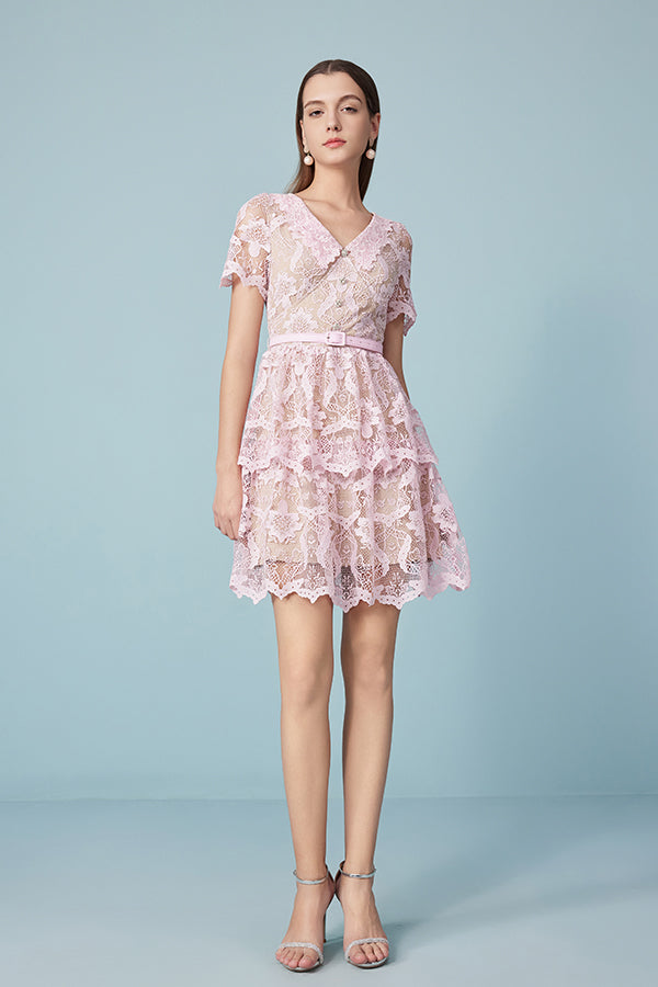 Pink Short Sleeve Lace Tiered Short Casual Summer Dress