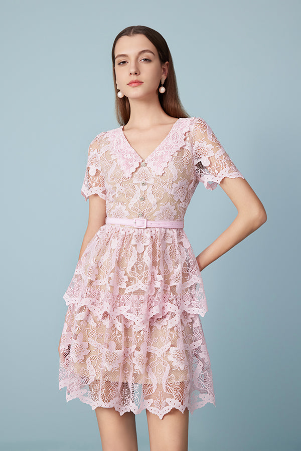 Pink Short Sleeve Lace Tiered Short Casual Summer Dress
