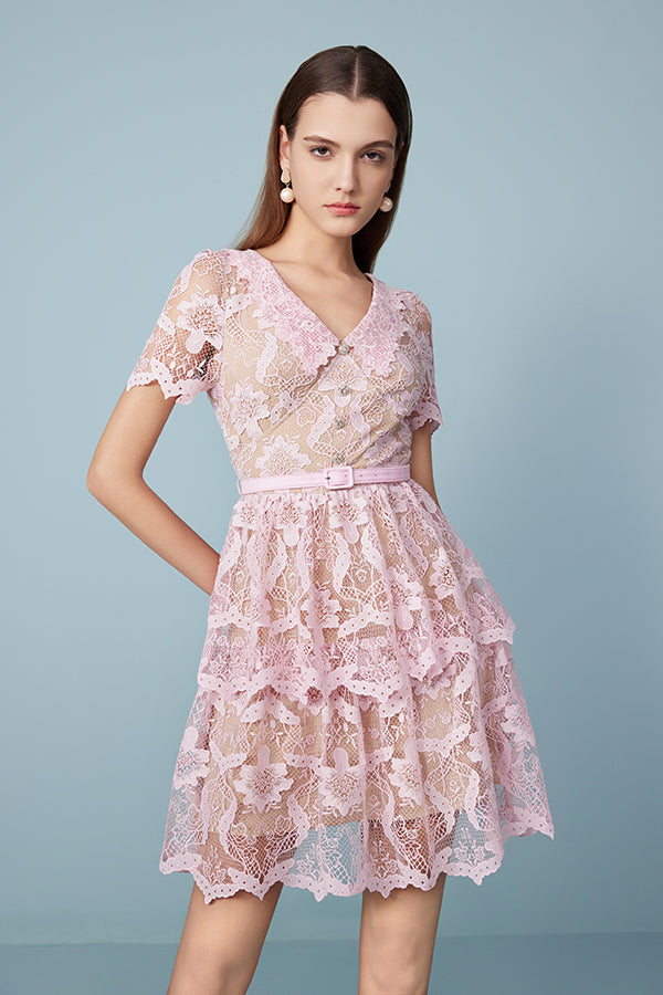 Pink Short Sleeve Lace Tiered Short Casual Summer Dress