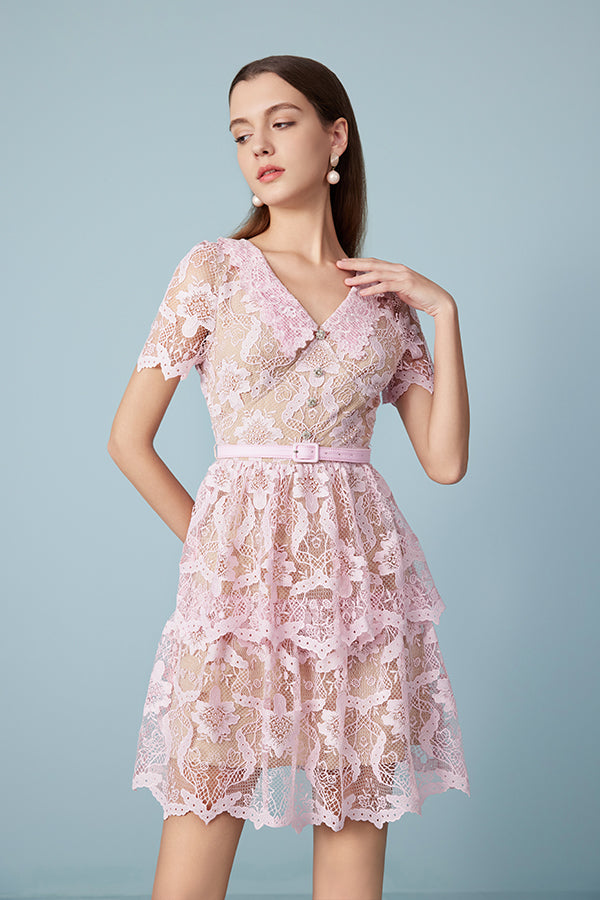 Pink Short Sleeve Lace Tiered Short Casual Summer Dress