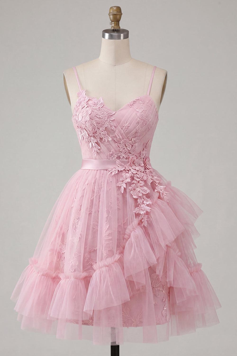 Pink Short Tulle Floral Ruffled Spaghetti Straps A Line Homecoming Dress