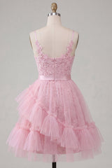 Pink Short Tulle Floral Ruffled Spaghetti Straps A Line Homecoming Dress