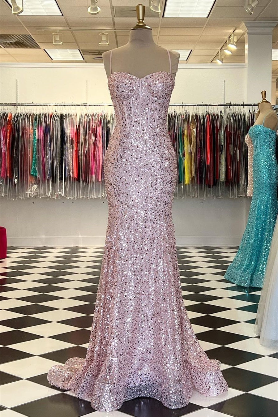 Pink Spaghetti Straps Mermaid Prom Dress Sleeveless Sequined Formal Dress