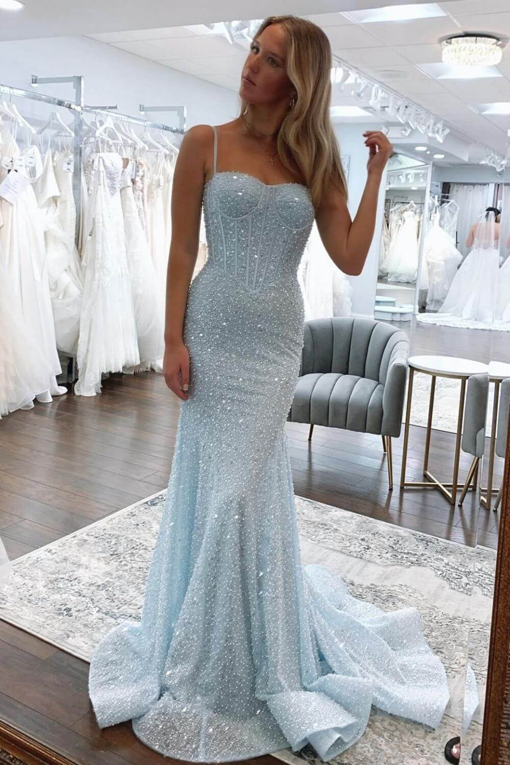 Pink Spaghetti Straps Mermaid Prom Dress Sleeveless Sequined Formal Dress