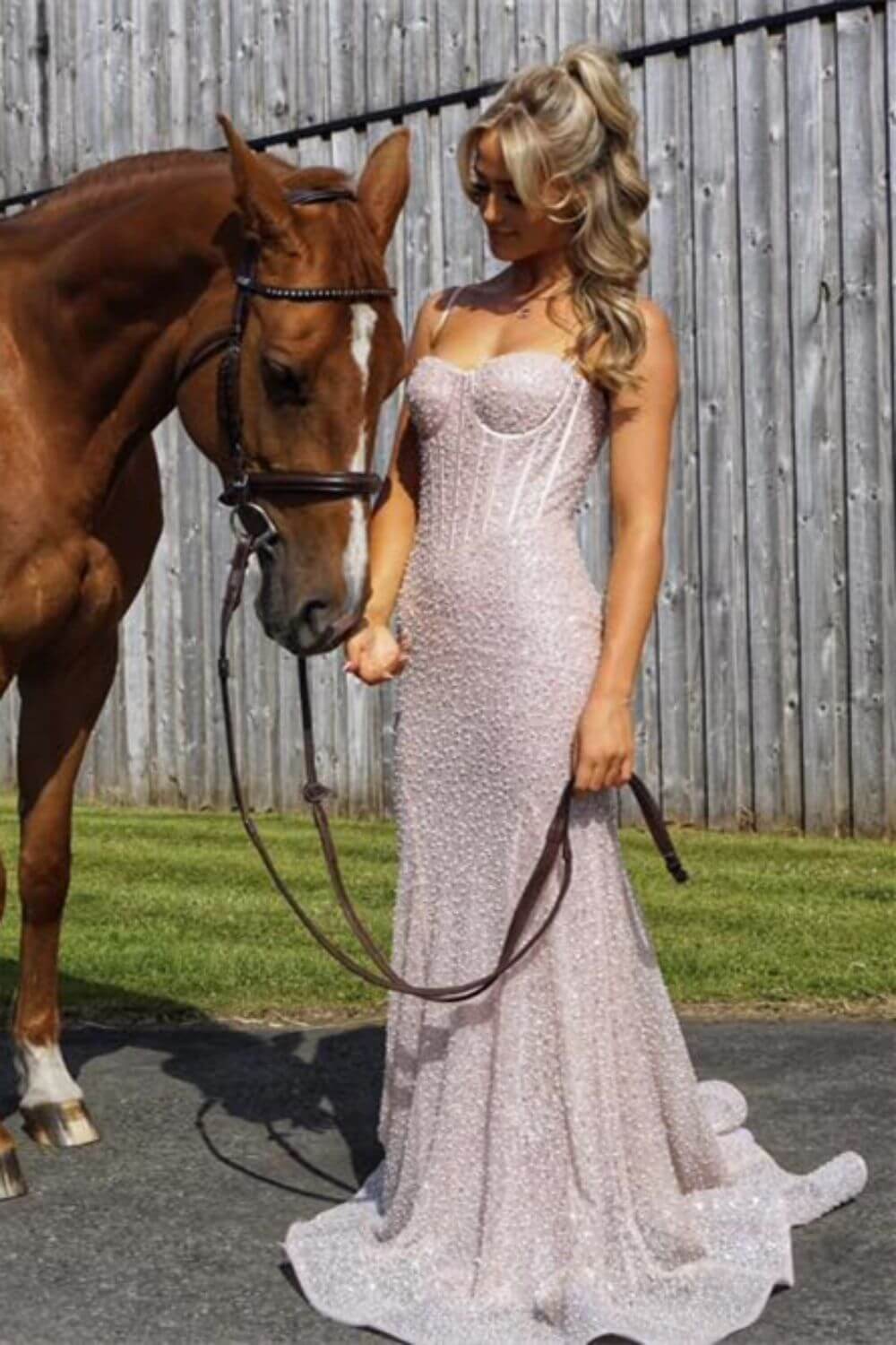 Pink Prom Dress Spaghetti Straps Mermaid Corset Evening Dress with Slit