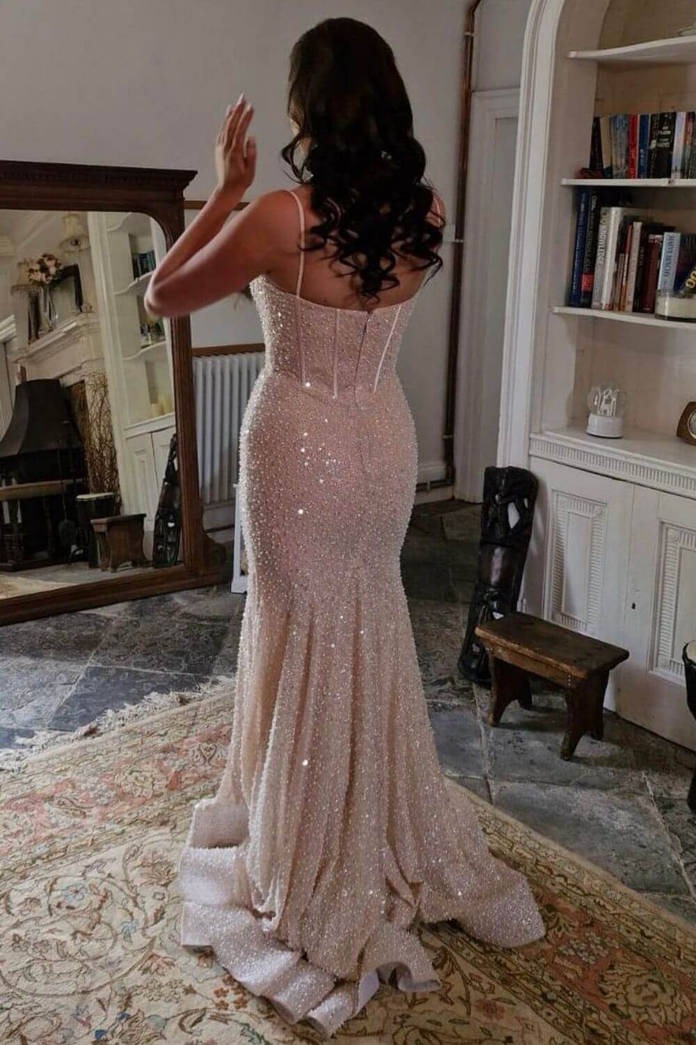Pink Prom Dress Spaghetti Straps Mermaid Corset Evening Dress with Slit