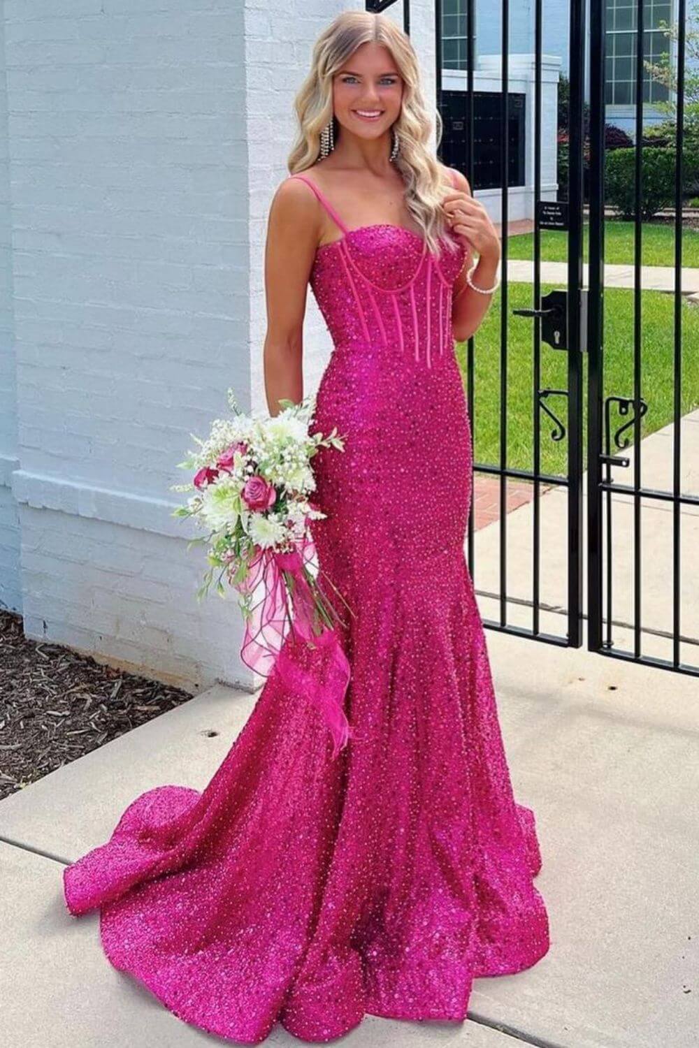 Pink Spaghetti Straps Mermaid Prom Dress Sleeveless Sequined Formal Dress