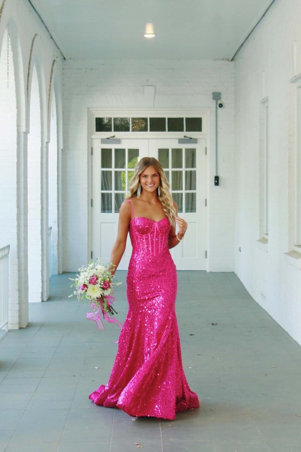 Pink Spaghetti Straps Mermaid Prom Dress Sleeveless Sequined Formal Dress