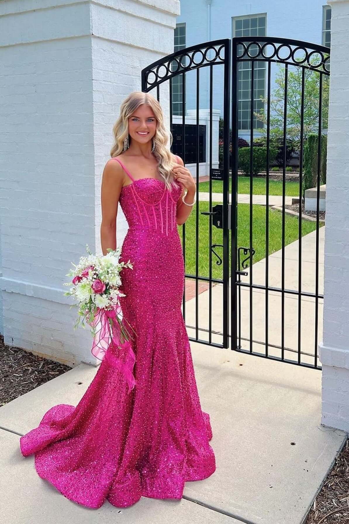 Pink Spaghetti Straps Mermaid Prom Dress Sleeveless Sequined Formal Dress