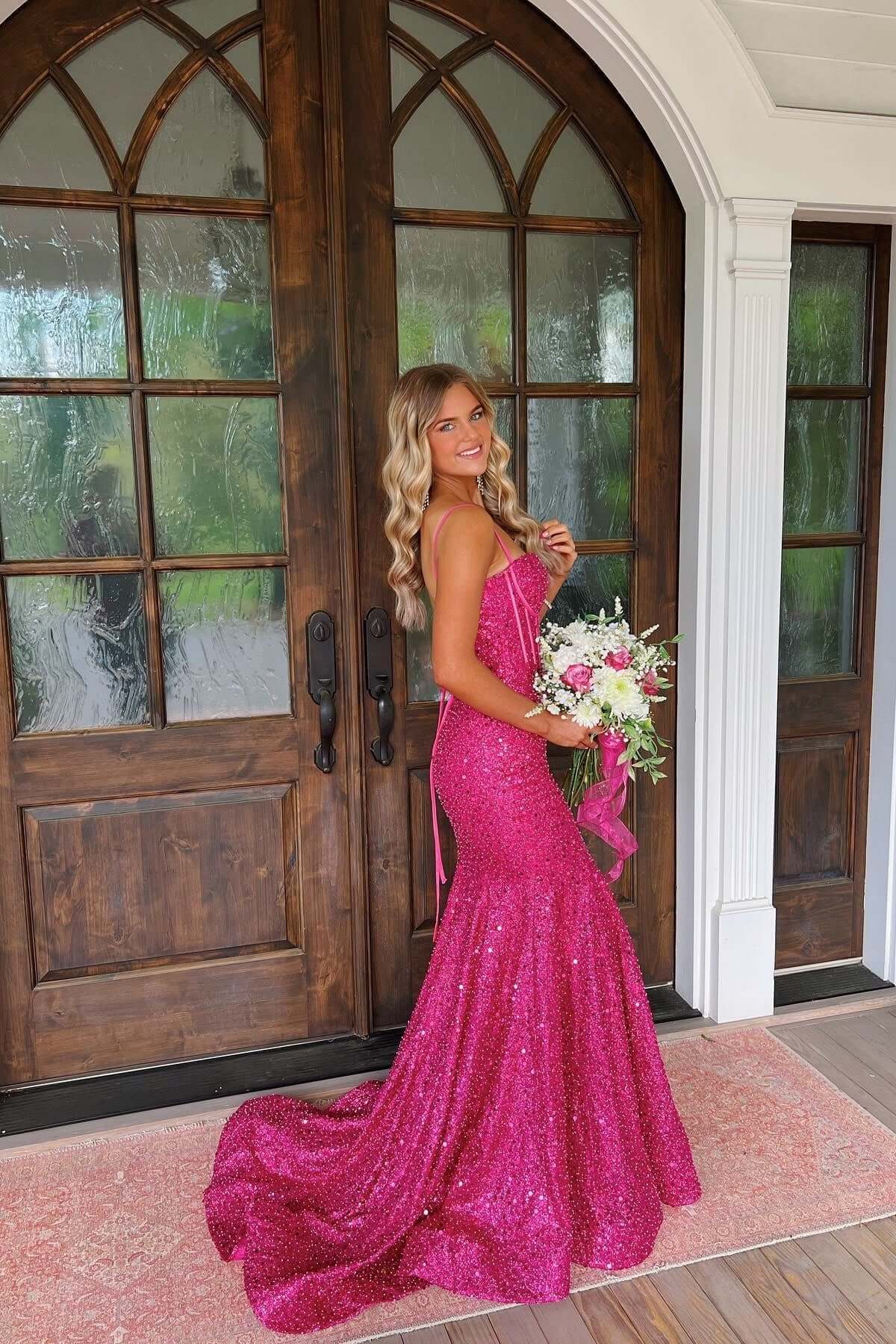 Pink Spaghetti Straps Mermaid Prom Dress Sleeveless Sequined Formal Dress