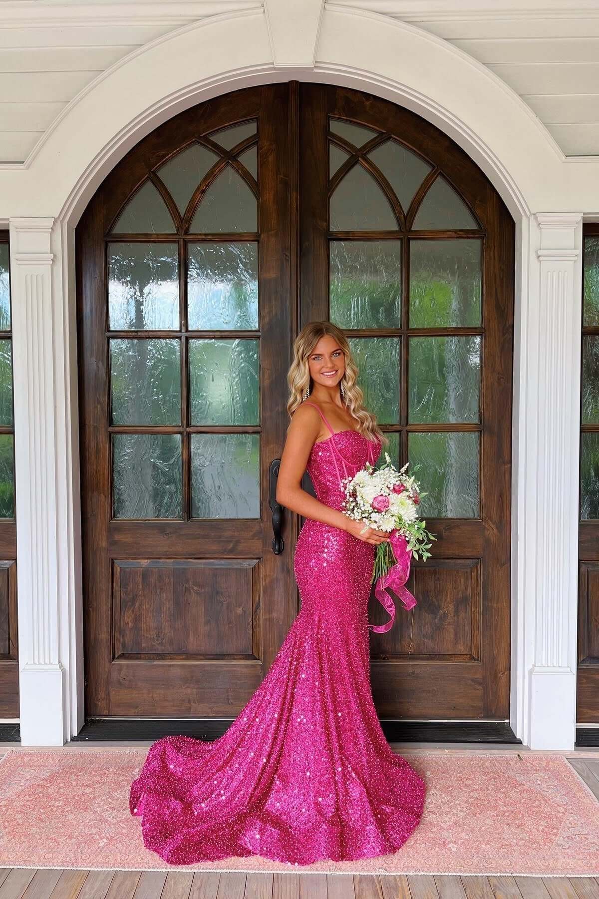 Pink Spaghetti Straps Mermaid Prom Dress Sleeveless Sequined Formal Dress