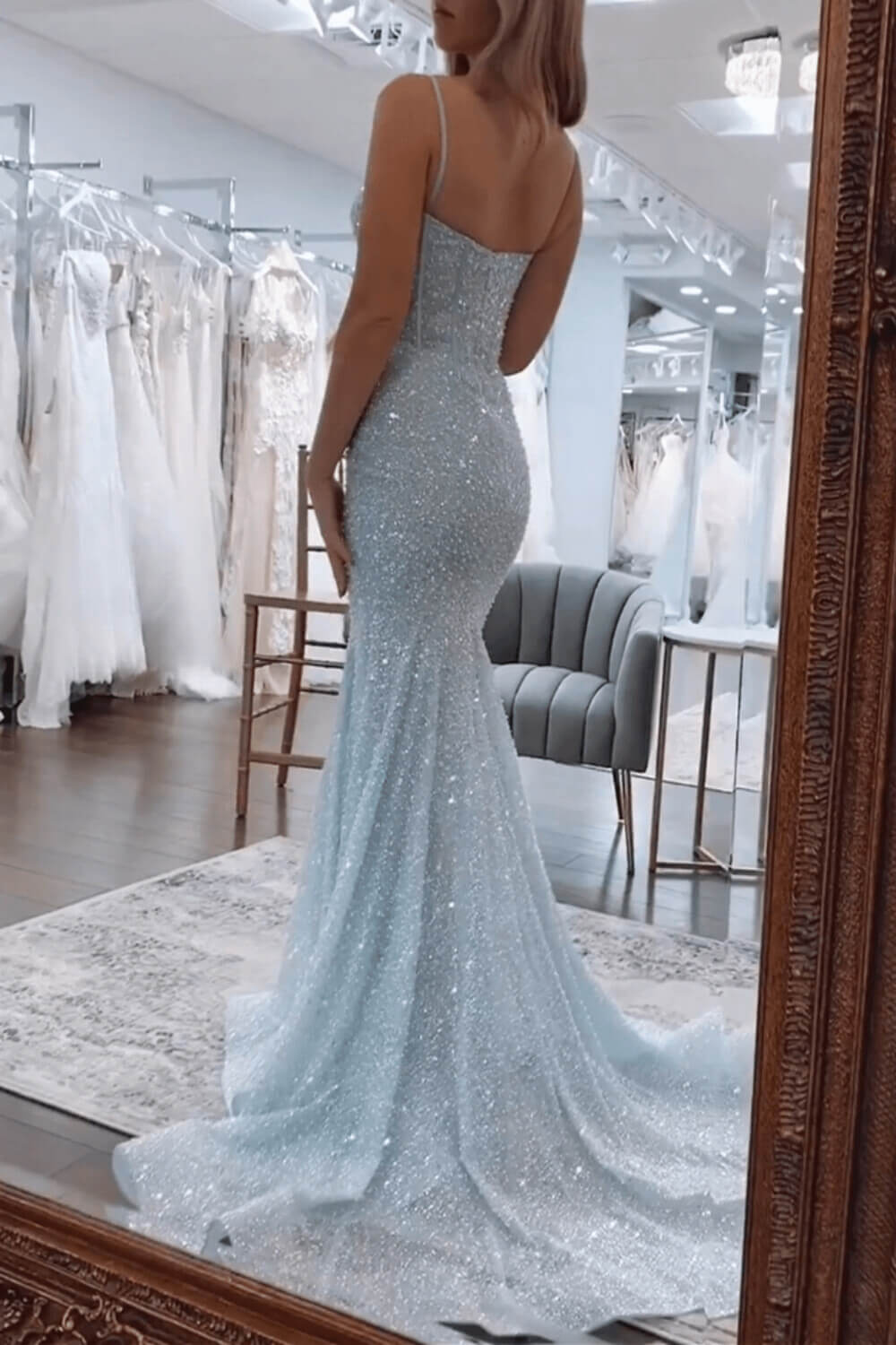 Pink Spaghetti Straps Mermaid Prom Dress Sleeveless Sequined Formal Dress