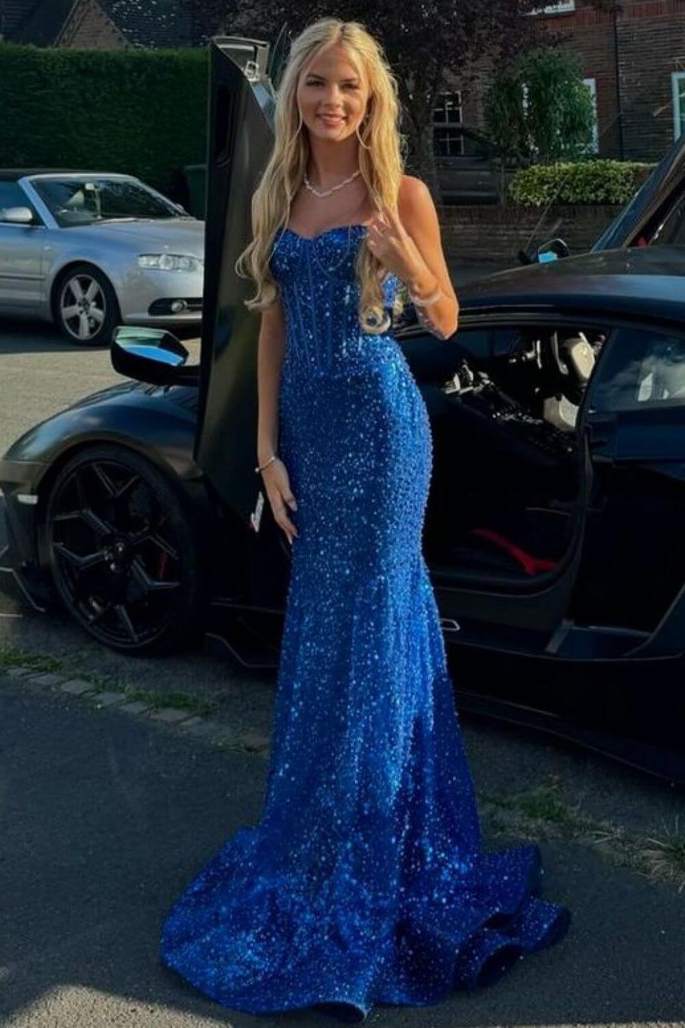 Pink Spaghetti Straps Mermaid Prom Dress Sleeveless Sequined Formal Dress