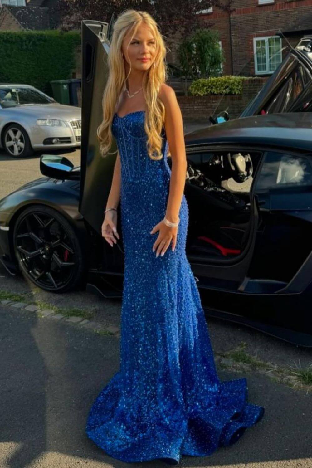 Pink Spaghetti Straps Mermaid Prom Dress Sleeveless Sequined Formal Dress