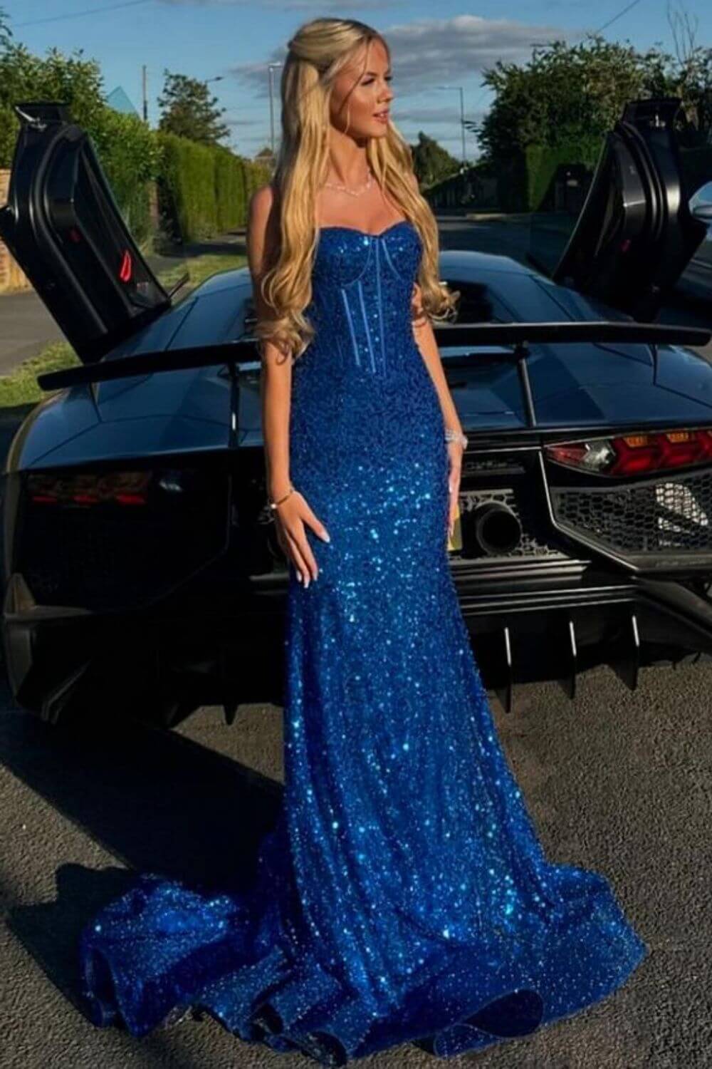 Pink Spaghetti Straps Mermaid Prom Dress Sleeveless Sequined Formal Dress