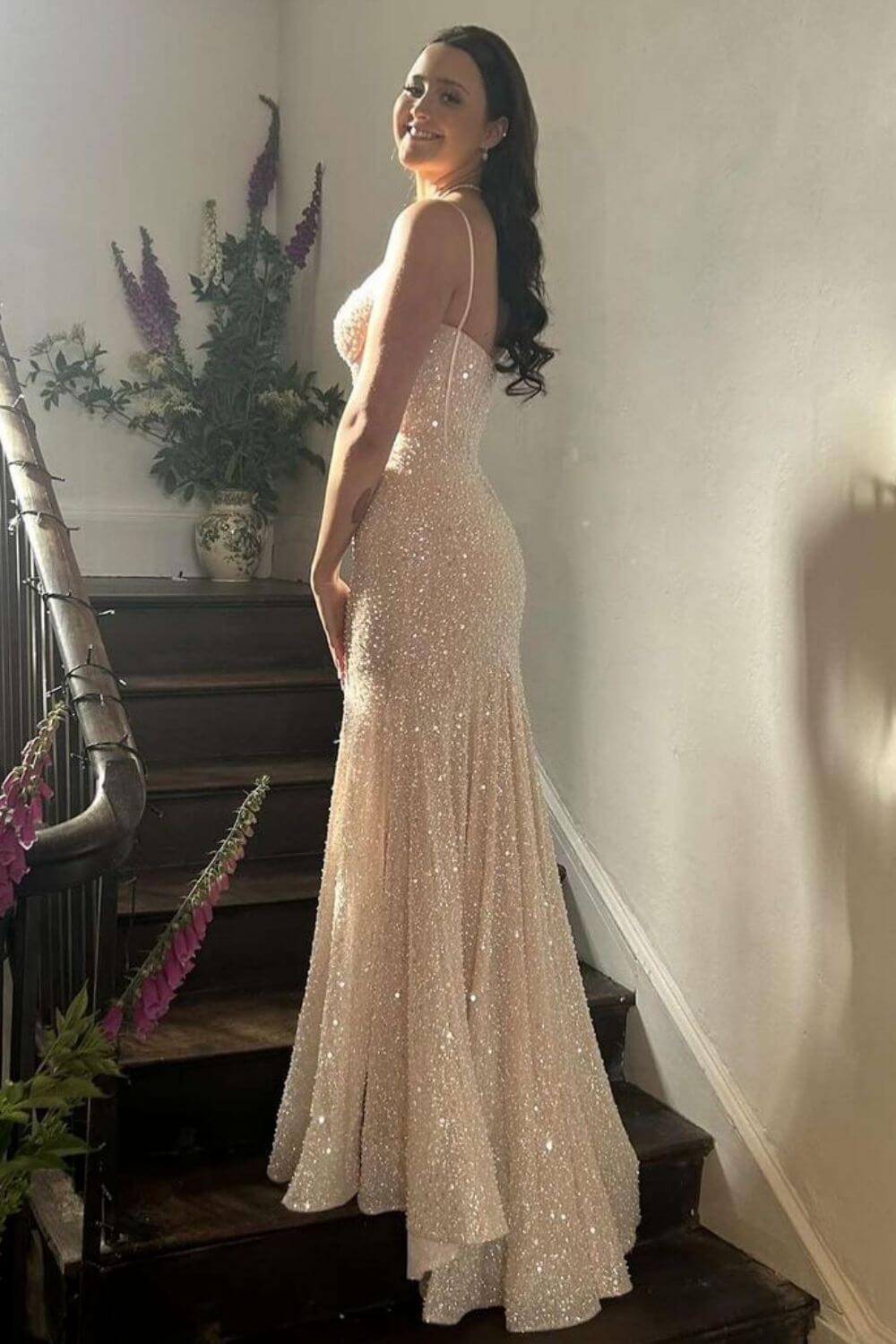 Pink Prom Dress Spaghetti Straps Mermaid Corset Evening Dress with Slit