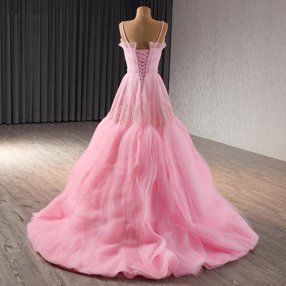 Pink Spaghetti Straps Prom Dress A Line Lace Up Beaded Evening Dress