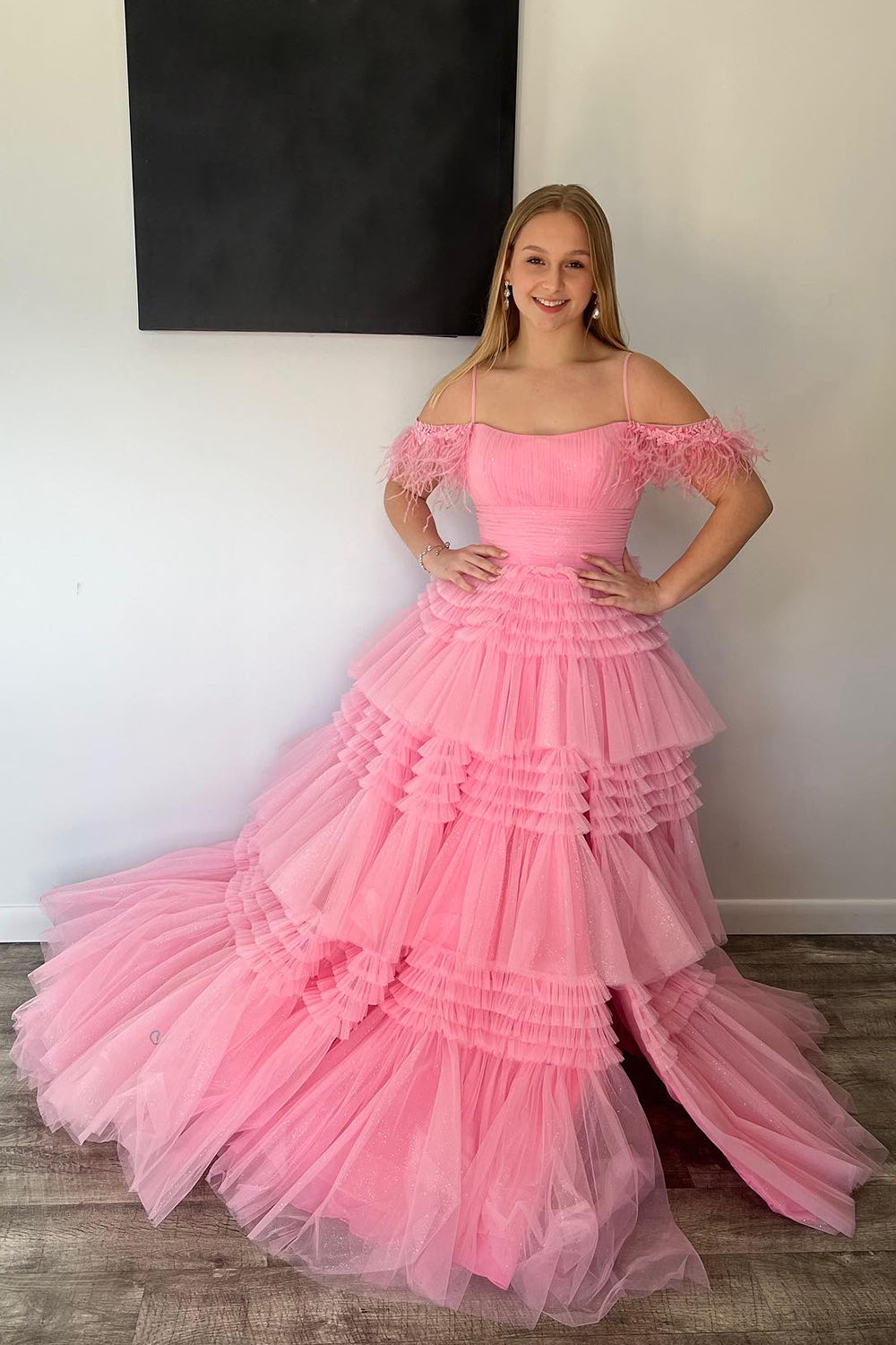 Pink Spaghetti Straps Prom Dress Tiered Appliques Long Cocktail Dress with Slit