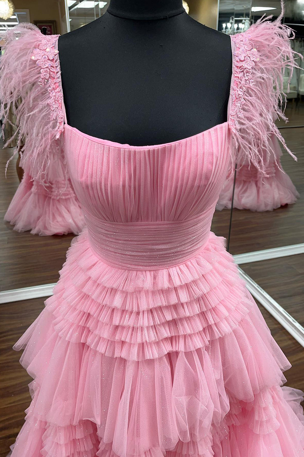Pink Spaghetti Straps Prom Dress Tiered Appliques Long Cocktail Dress with Slit