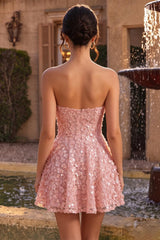 Pink Sparkly Sequins Floral Strapless A Line Short Homecoming Dress