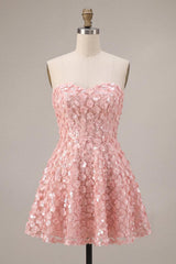 Pink Sparkly Sequins Floral Strapless A Line Short Homecoming Dress