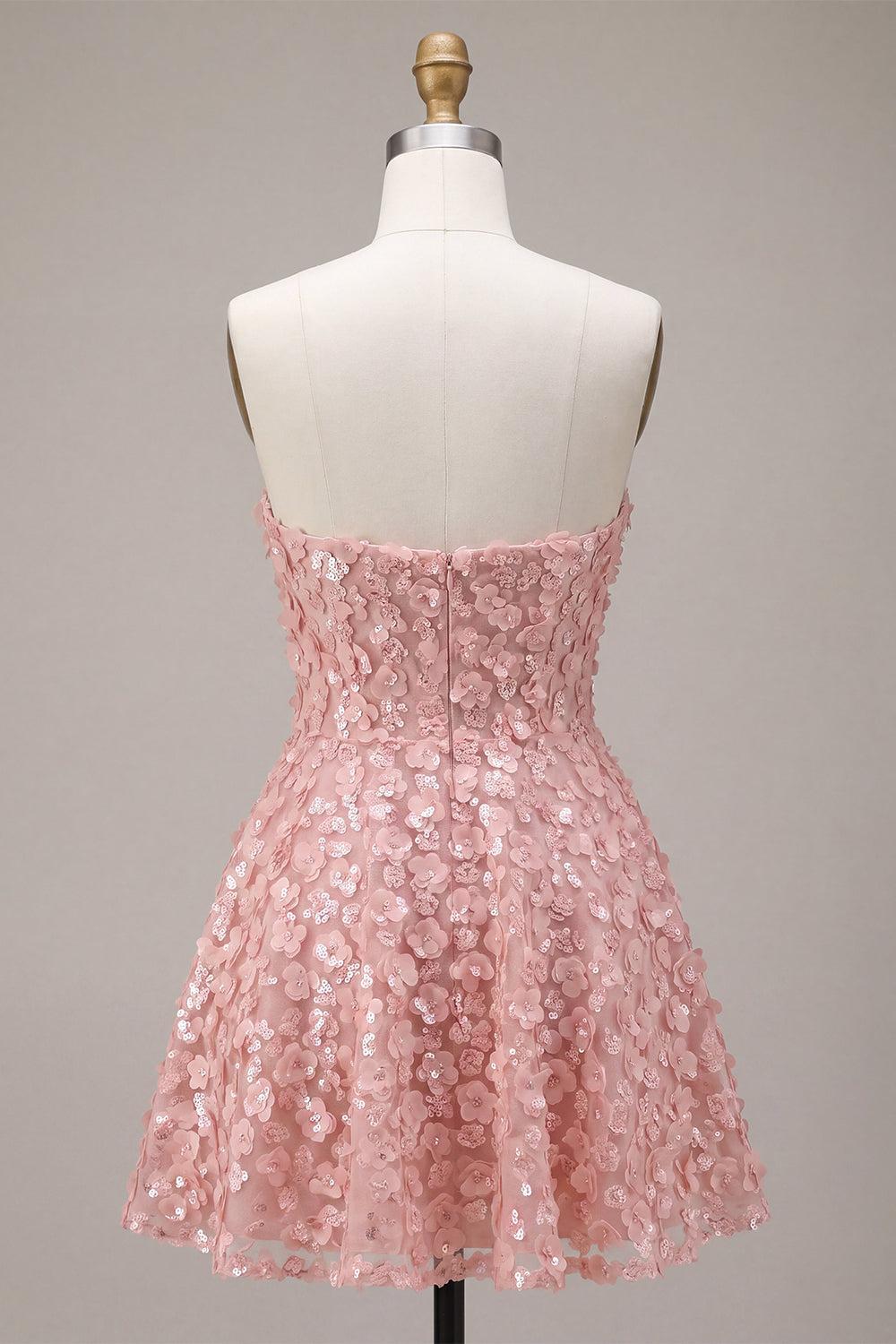 Pink Sparkly Sequins Floral Strapless A Line Short Homecoming Dress