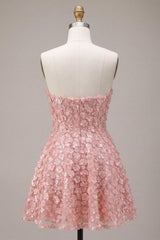 Pink Sparkly Sequins Floral Strapless A Line Short Homecoming Dress