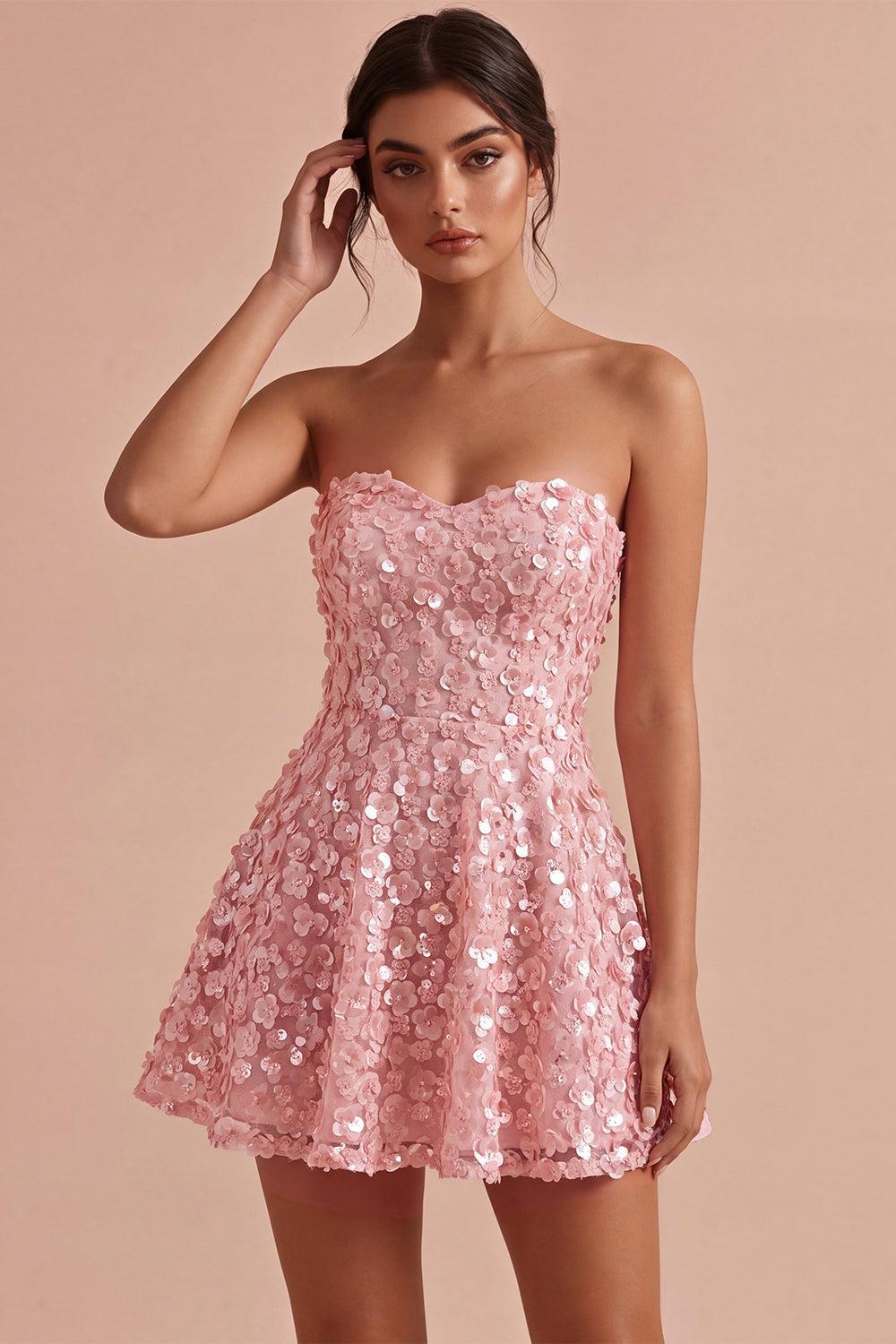 Pink Sparkly Sequins Floral Strapless A Line Short Homecoming Dress