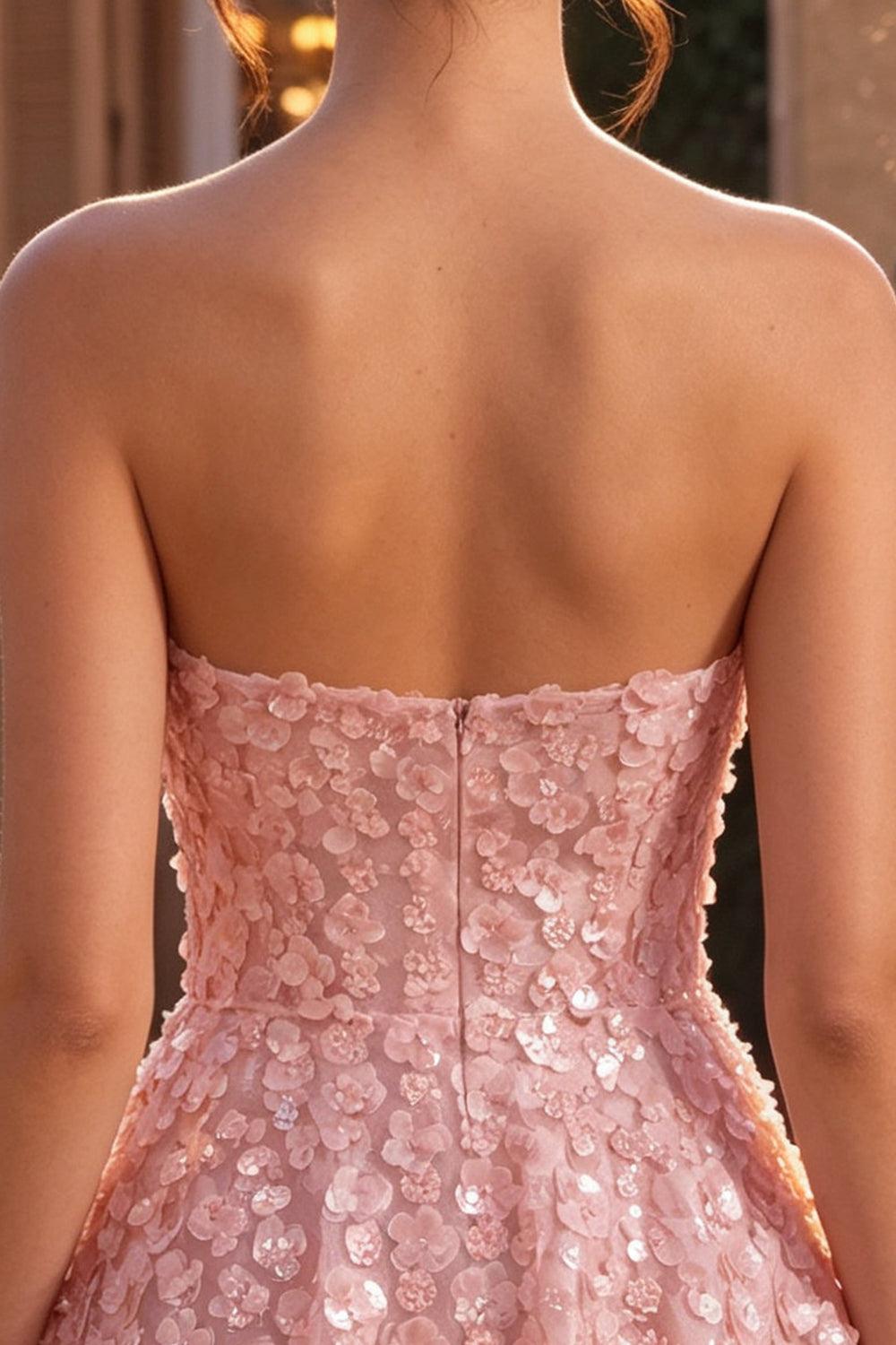 Pink Sparkly Sequins Floral Strapless A Line Short Homecoming Dress
