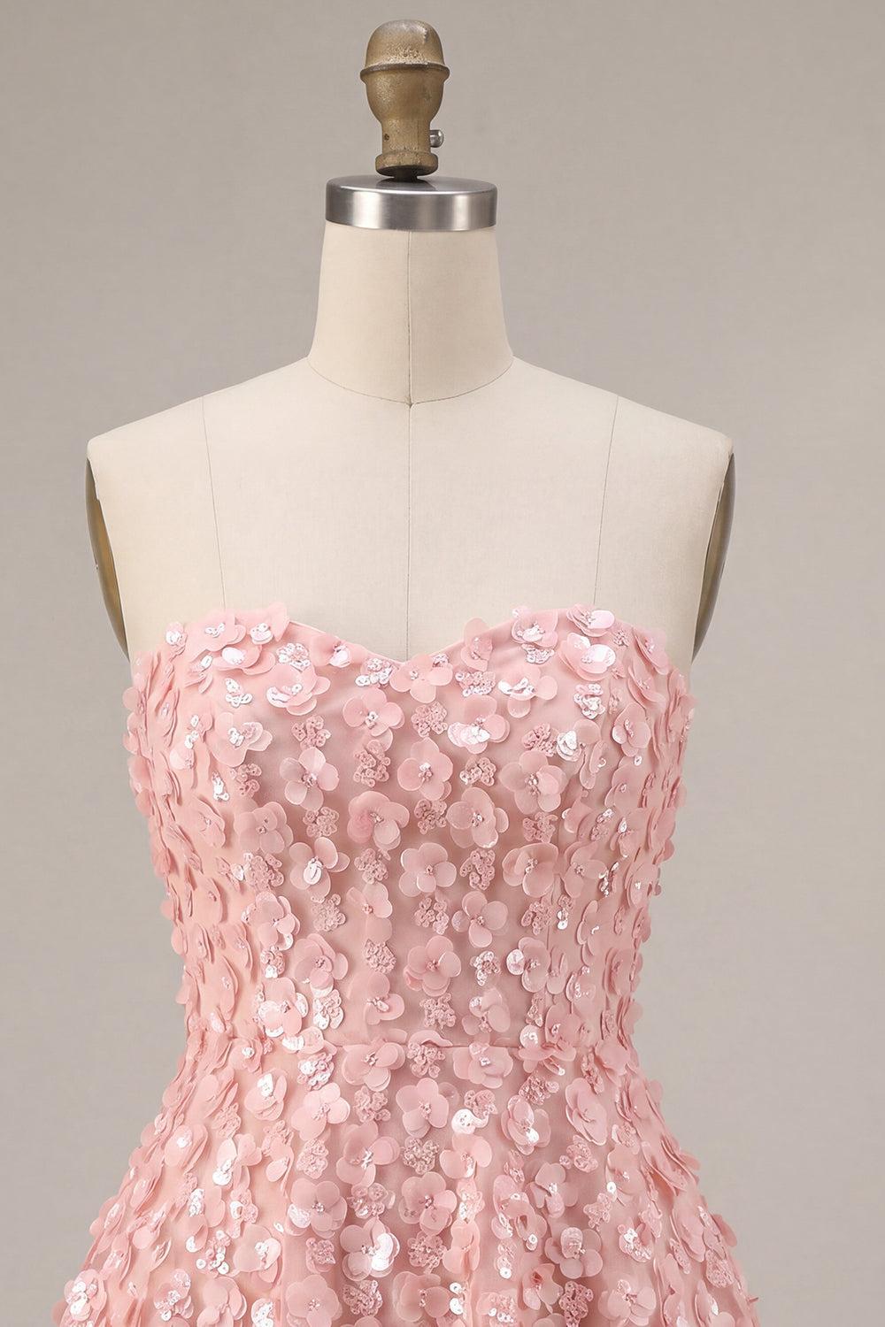 Pink Sparkly Sequins Floral Strapless A Line Short Homecoming Dress