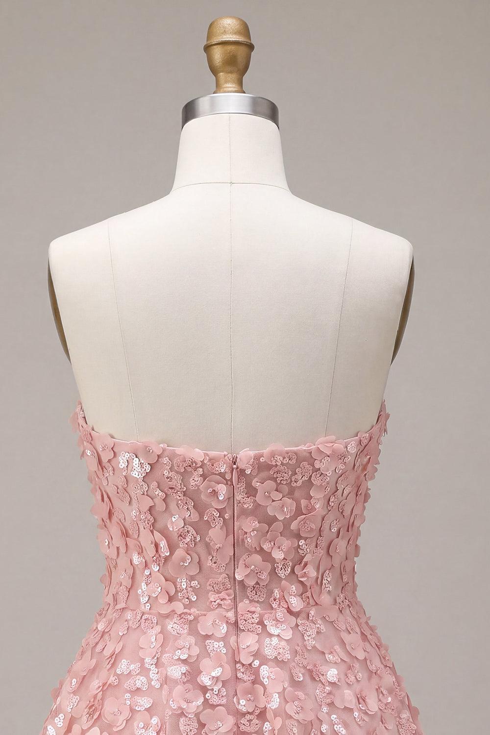 Pink Sparkly Sequins Floral Strapless A Line Short Homecoming Dress