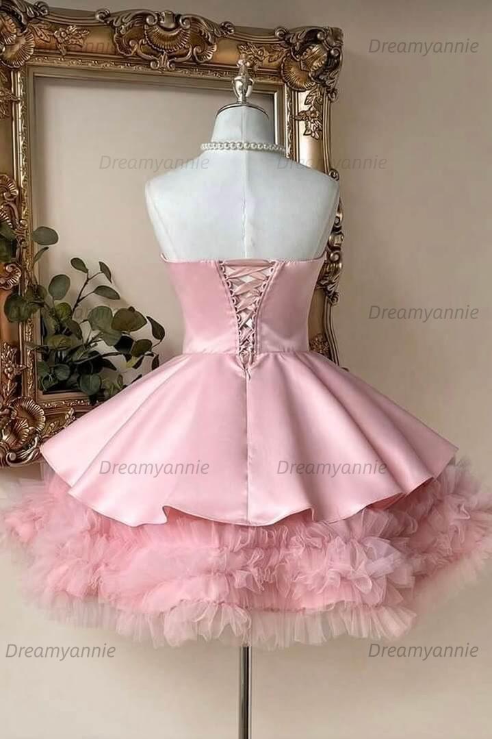 Pink Strapless A-Line Homecoming Dress with Bow & Ruffle Hem